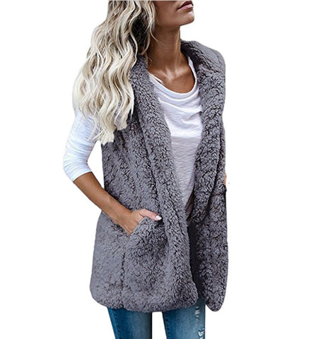 Plus Size Women's Fashion Solid Slim Fit Color Sleeveless Hooded Pocket Waistcoat Furry Women's Vest
