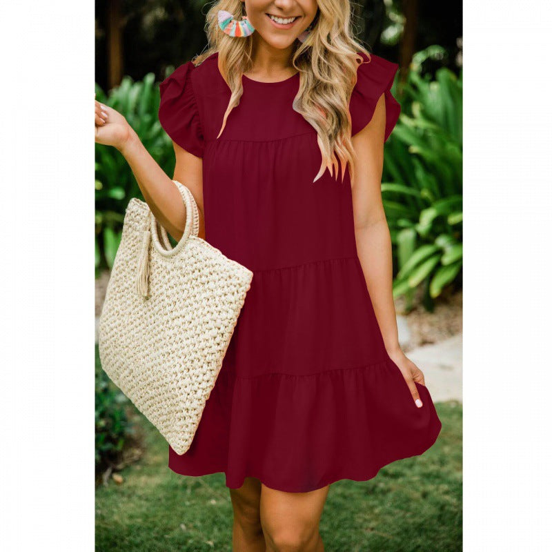 Women's Summer Ruffle Sleeve Round Neck Pleated Solid Dresses