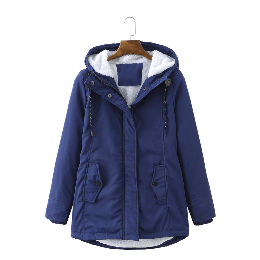 Size Ladies Hooded Conventional Lambswool Winter Warm Waist Women's Cotton-padded Coat