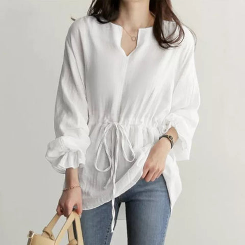 Women's Long-sleeved Collar Drawstring Waist Solid Color Blouses