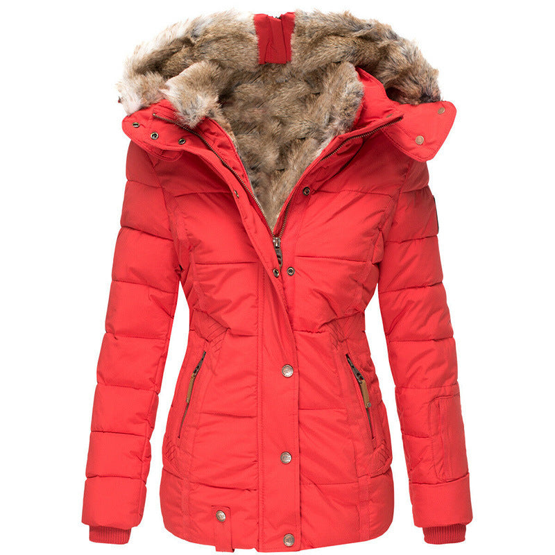 Winter Warm Fur Collar Temperament Commute Cotton Women's Long-sleeve Zipper Slim Fit Hooded Coat