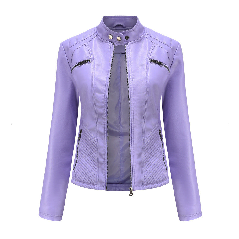 Women's Casual Leather Collar Temperament Commute Slim-fit Coat Solid Color Jacket
