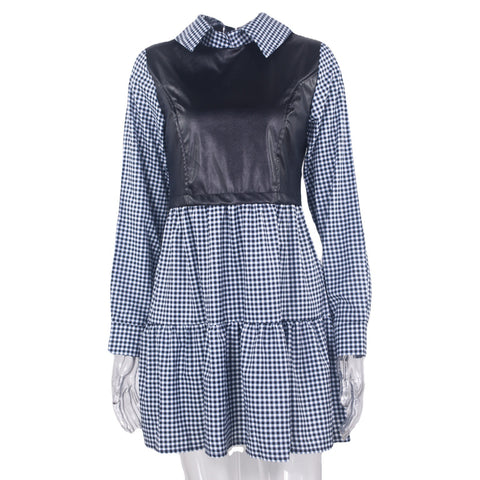 Autumn Blouse Collar Stitching Printing Color Polyester Fiber Plaid Leather Women Dress