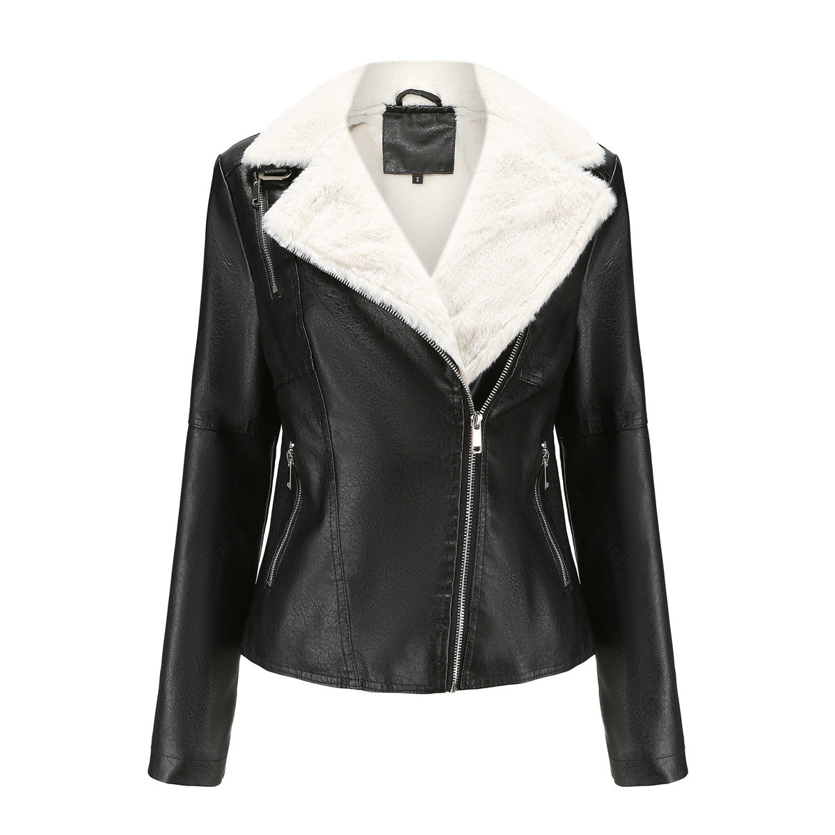 Fur Integrated Leather Urban Style Women's Fleece-lined Long Sleeve Warm Jacket Casual Coat