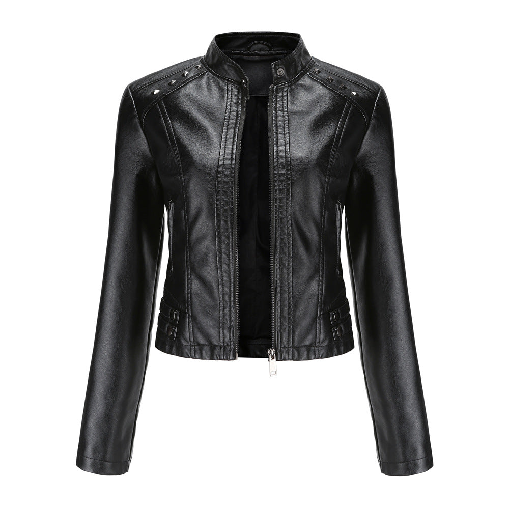 Women's Rivet Artificial Fur Leather Short Long Sleeve Thin Collar Fashion Jacket