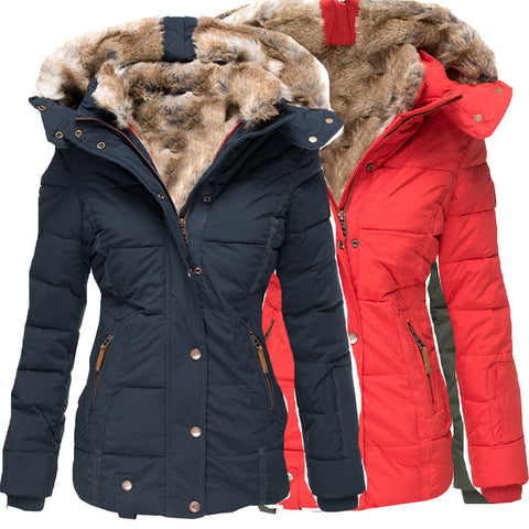 Winter Warm Fur Collar Temperament Commute Cotton Women's Long-sleeve Zipper Slim Fit Hooded Coat