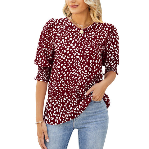 Women's Summer Loose Printed Sleeve Round Neck Blouses