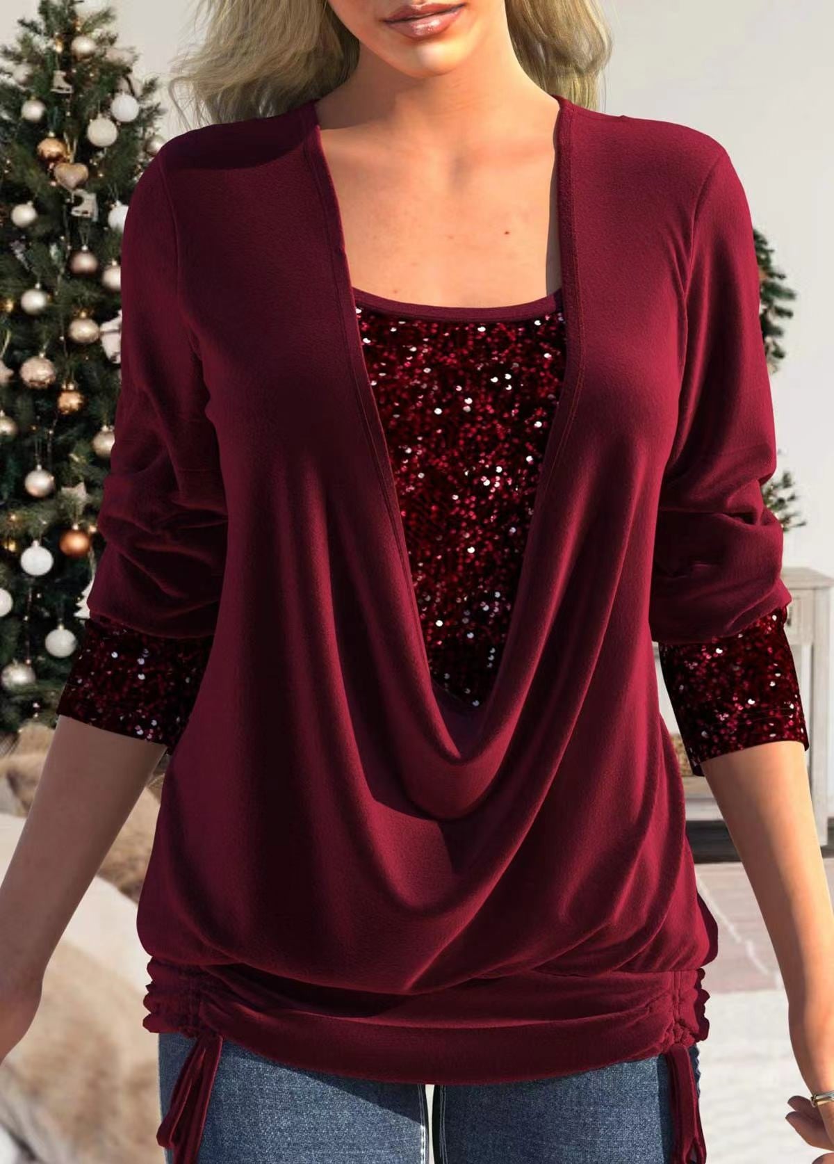 Pure Color Sequins Stitching U-neck Long-sleeved Cotton Polyester Elegant Casual T-shirt Top