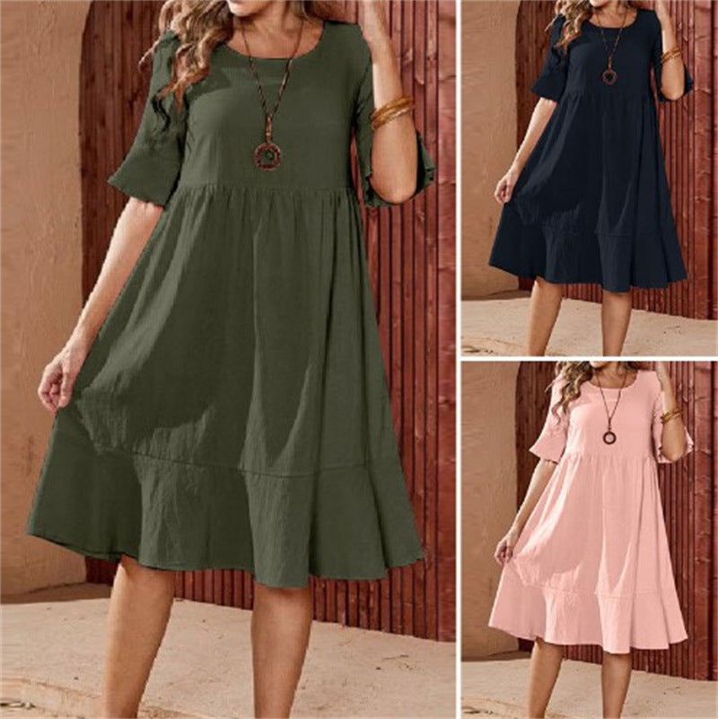 Women's Color Loose Pleated Round Neck Flared Dresses
