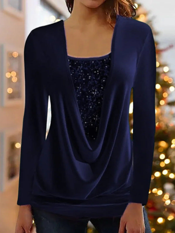 Pure Color Sequins Stitching U-neck Long-sleeved Cotton Polyester Elegant Casual T-shirt Top