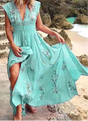 Women's Summer V-neck French Beach Bohemian Printed Dresses