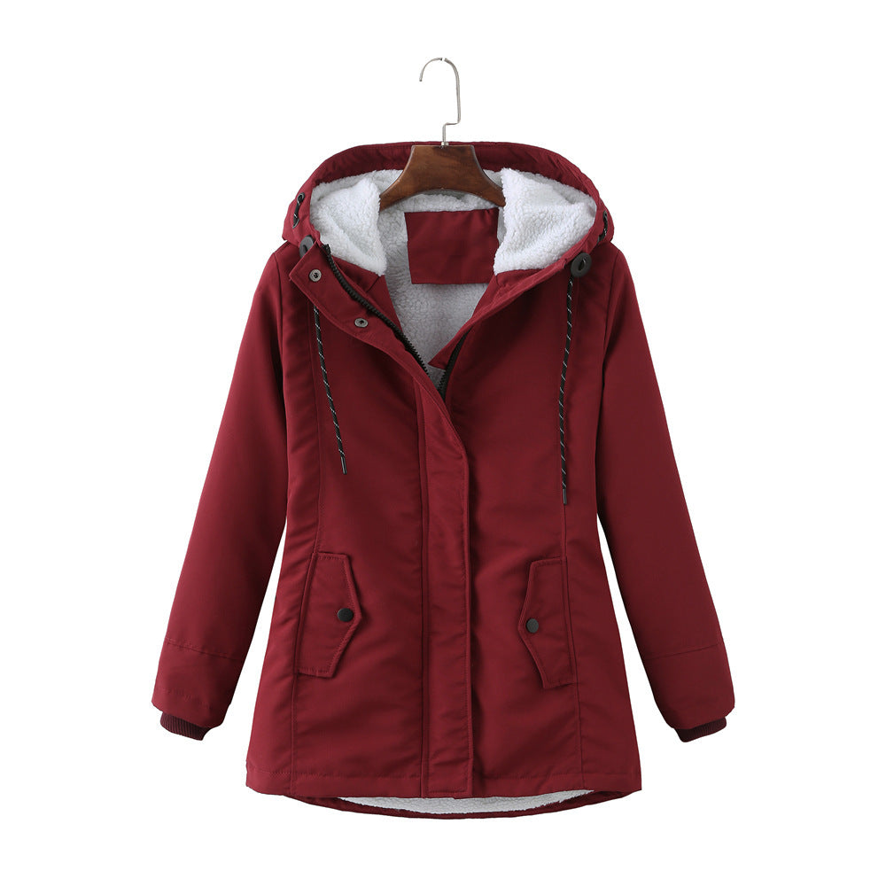 Size Ladies Hooded Conventional Lambswool Winter Warm Waist Women's Cotton-padded Coat