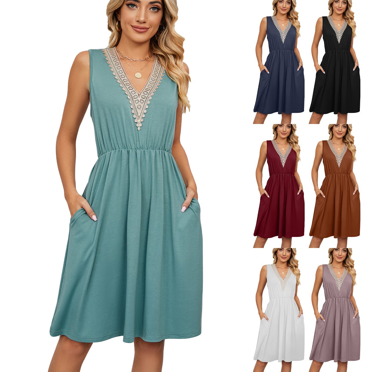 Solid Color V-neck Stitching Sleeveless Pocket Dresses