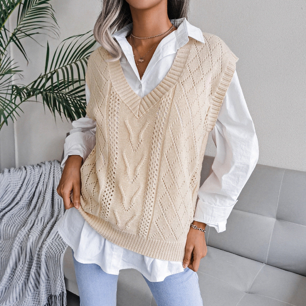 Solid Color Hollow Twist V-neck Knitted Sweaters Women's Vest