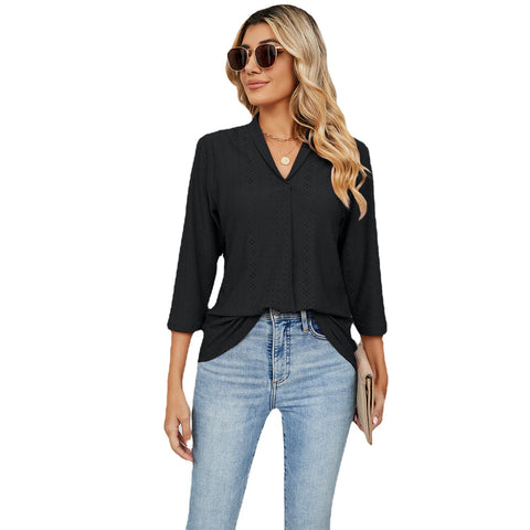 Women's V-neck Pleated Loose Mid-sleeve Lapel Blouses