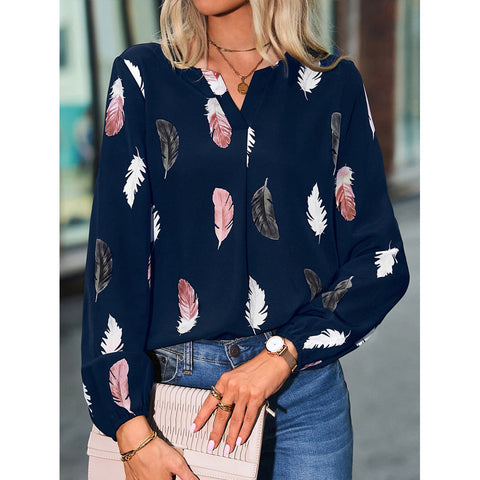 Women's Painted V-neck Feather Print Long-sleeved Loose T-shirt Top