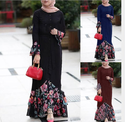 Printed Straight Long Sleeve Stitching Loose Dresses