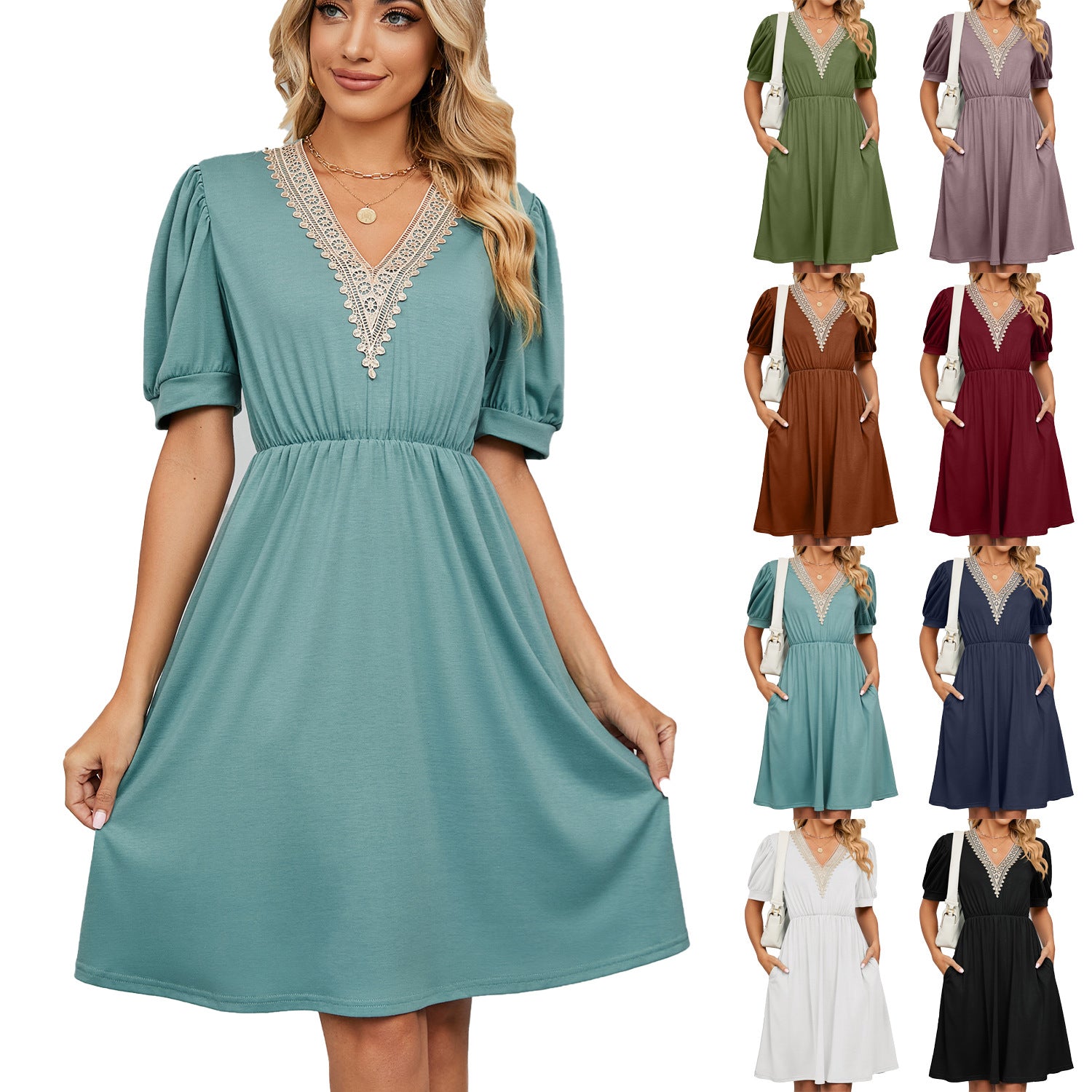 Solid Color V-neck Patchwork Sleeve Pocket Dresses