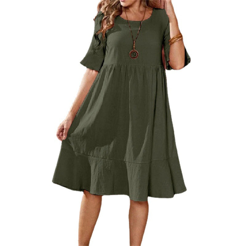 Women's Color Loose Pleated Round Neck Flared Dresses