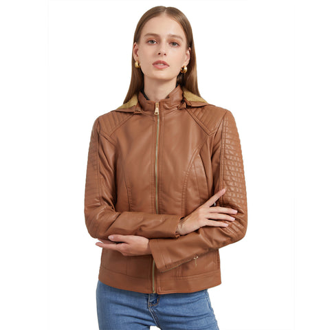 Plus Long Sleeve Size Fleece-lined Women's Leather Hooded Short Warm Leisure Jacket