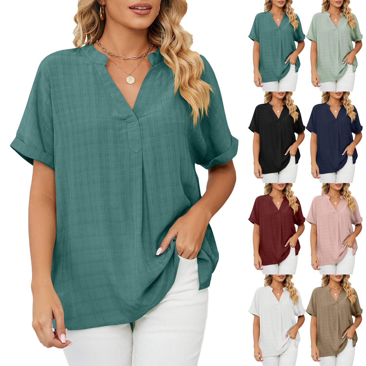 Women's Thin V-neck Leisure Pullover Solid Color Blouses