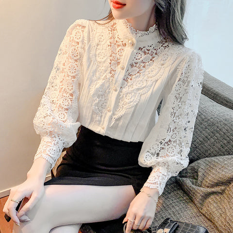 Long Sleeve Fashion Hollowed-out Lace Women's Ruffled Half Turtleneck Shirt