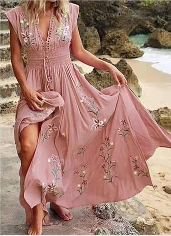 Women's Summer V-neck French Beach Bohemian Printed Dresses