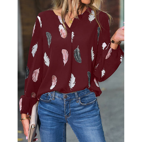 Women's Painted V-neck Feather Print Long-sleeved Loose T-shirt Top