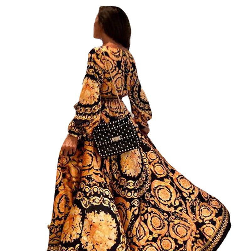 Women's Autumn Abstract Pattern Print Puff Sleeve Dresses