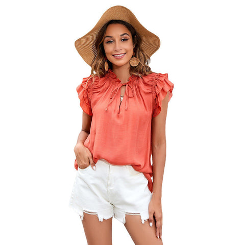 Women's Summer Loose Solid Color Ruffle Sleeve Blouses