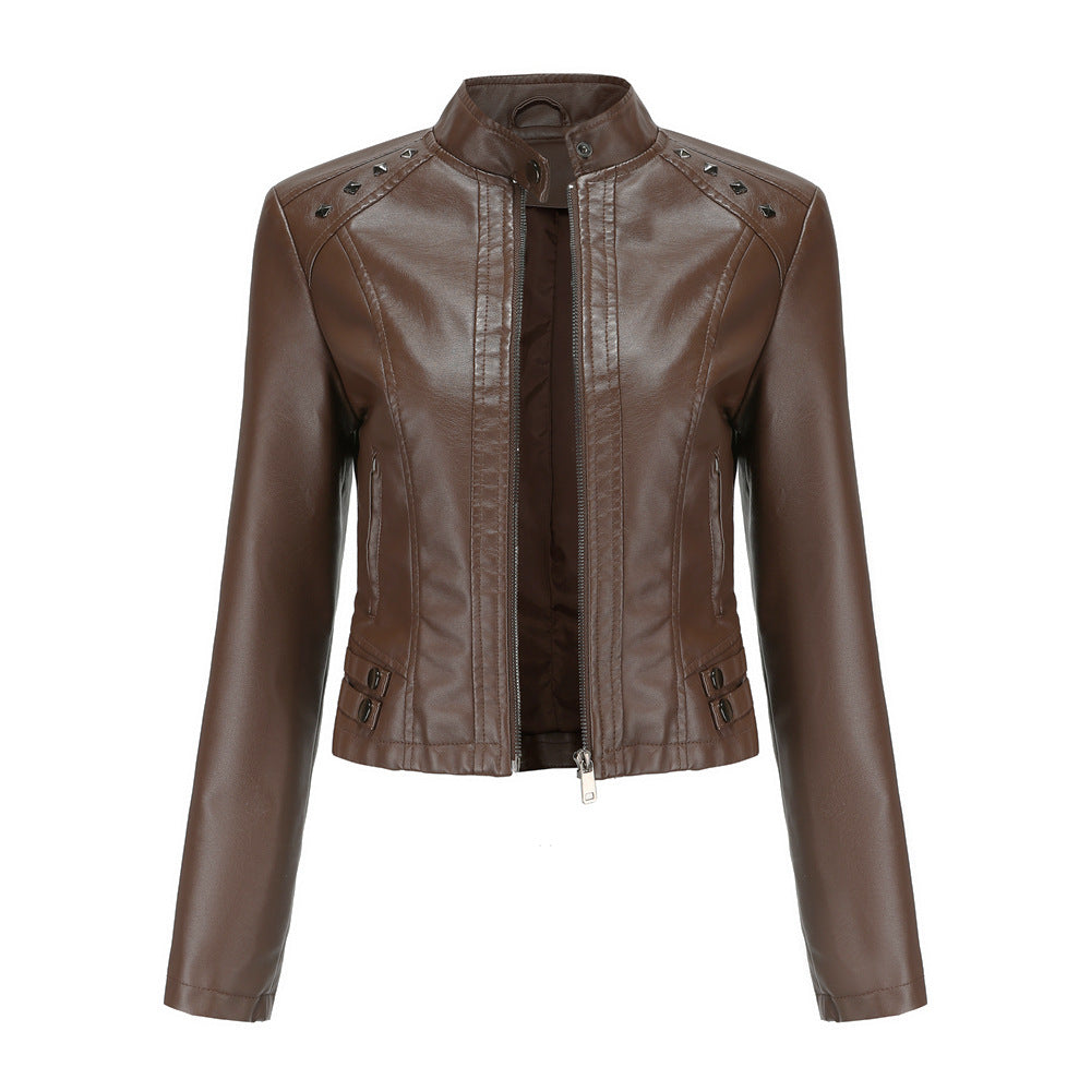 Women's Rivet Artificial Fur Leather Short Long Sleeve Thin Collar Fashion Jacket