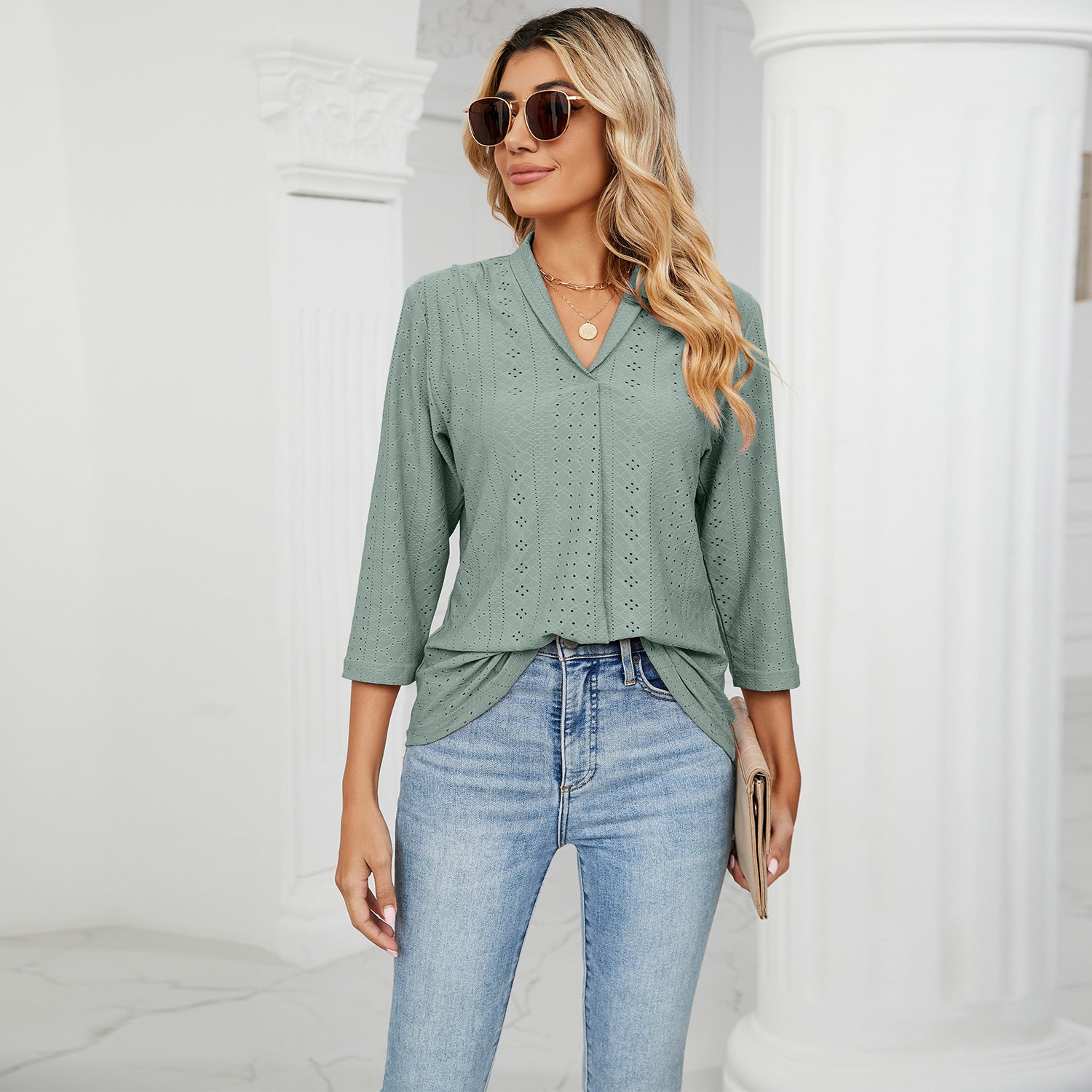 Women's V-neck Pleated Loose Mid-sleeve Lapel Blouses