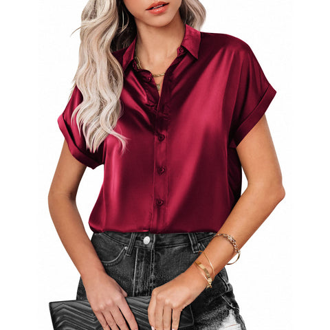 Women's Solid Color Satin Sleeve Button Shoulder Blouses