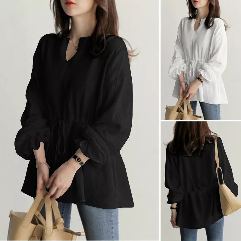 Women's Long-sleeved Collar Drawstring Waist Solid Color Blouses