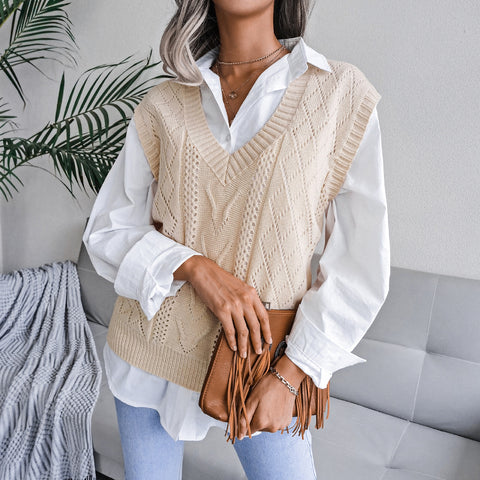 Solid Color Hollow Twist V-neck Knitted Sweaters Women's Vest