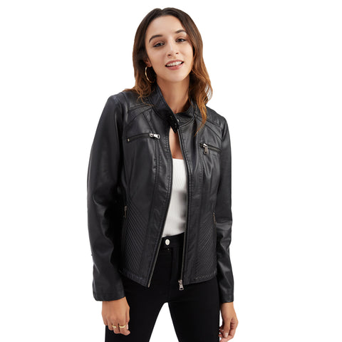 Women's Casual Leather Collar Temperament Commute Slim-fit Coat Solid Color Jacket