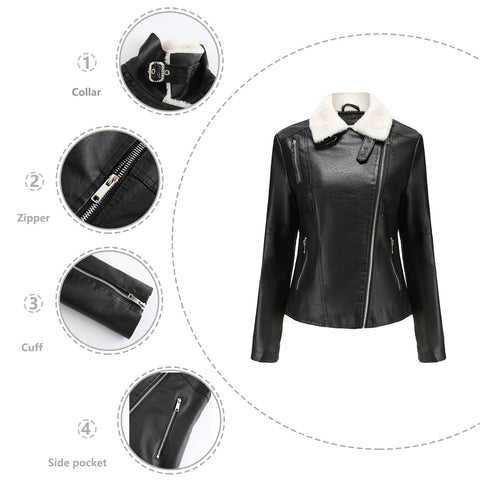 Fur Integrated Leather Urban Style Women's Fleece-lined Long Sleeve Warm Jacket Casual Coat