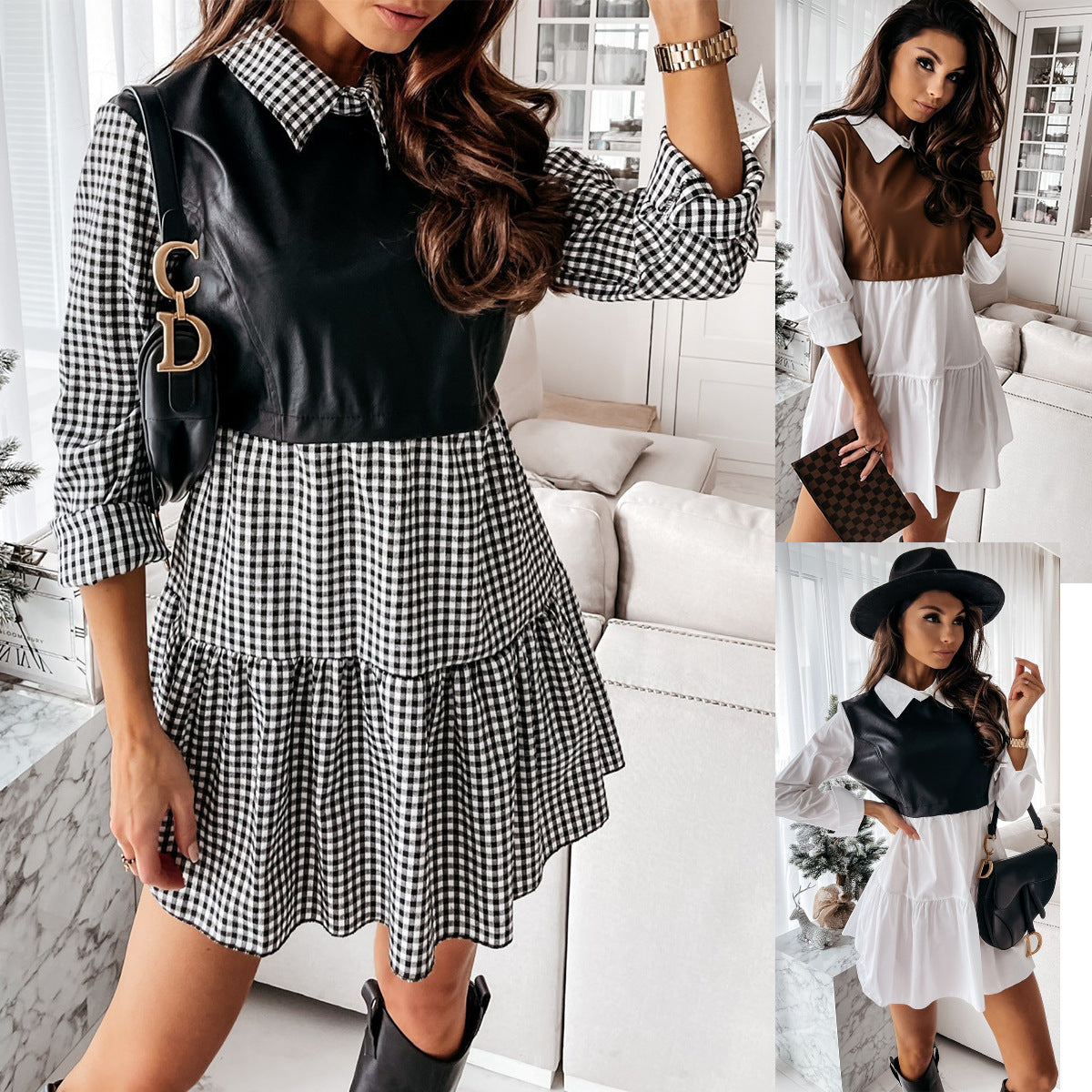 Autumn Blouse Collar Stitching Printing Color Polyester Fiber Plaid Leather Women Dress