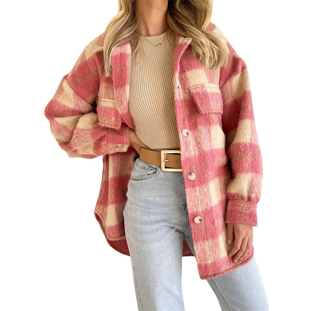 Street Hipster Stylish Women's Plaid Woolen Thick Coat