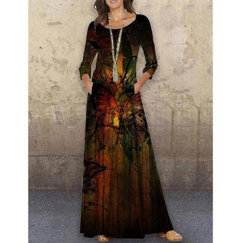 Women's Round Neck Long Sleeve Floral Print Dresses