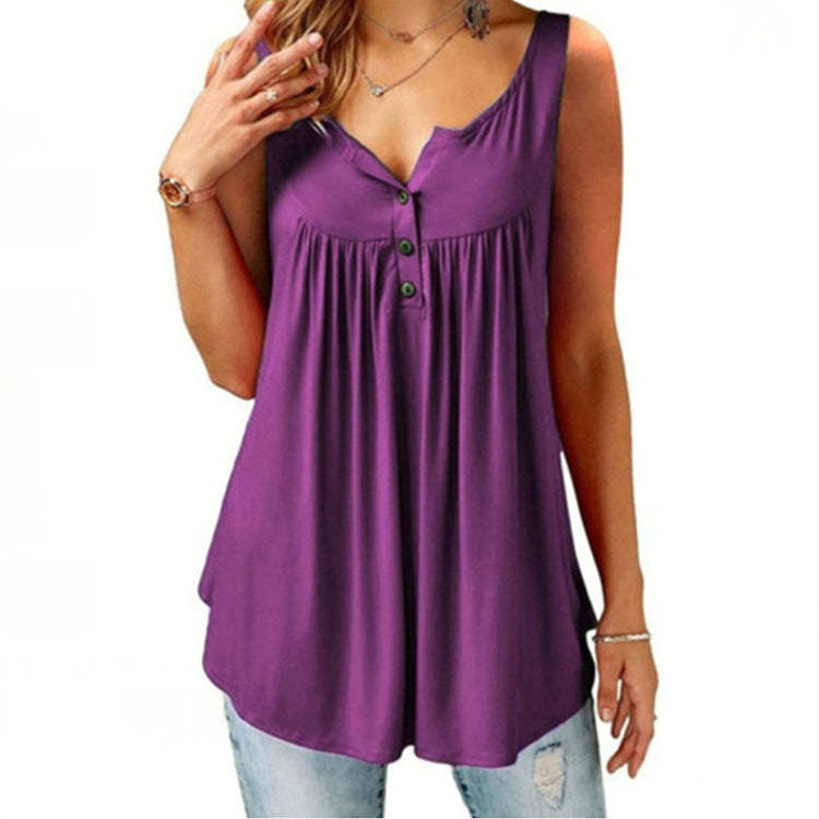 Summer Solid Color Pleating Sleeveless Women's Loose Casual Mid-length Button T-shirt