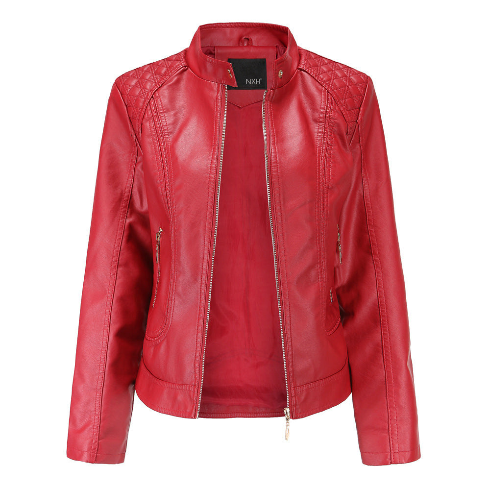 Women's Leather Jacket Long Sleeve Temperament Plus Size Collar Coat