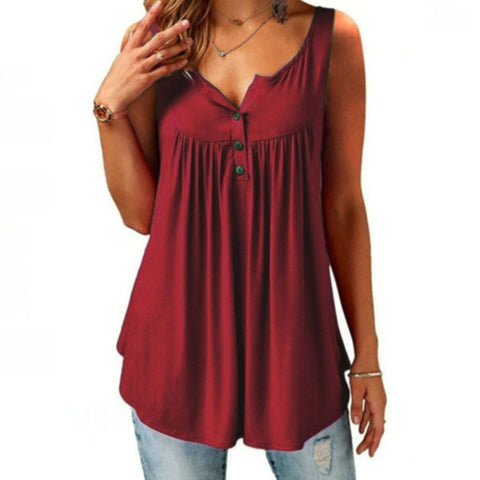 Summer Solid Color Pleating Sleeveless Women's Loose Casual Mid-length Button T-shirt