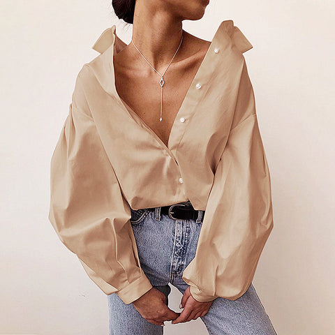 Solid Color Street Hipster Lantern Sleeve Lapel Loose Long Shirt Top