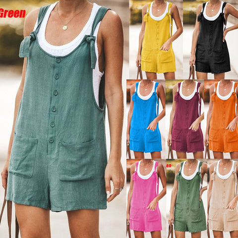 Summer Solid Color Round Urban Leisure Neck Button Loose Short Jumpsuit