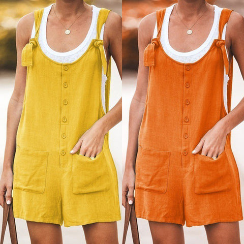 Summer Solid Color Round Urban Leisure Neck Button Loose Short Jumpsuit