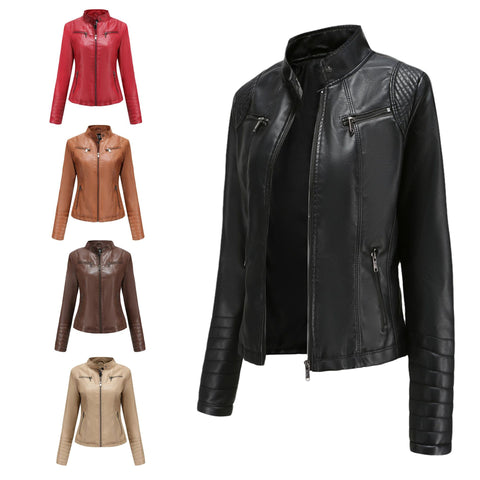 Women's Leather Thin Stand Collar Size Coat Short Chic Jacket