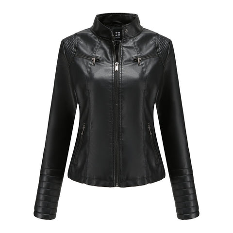Women's Leather Thin Stand Collar Size Coat Short Chic Jacket