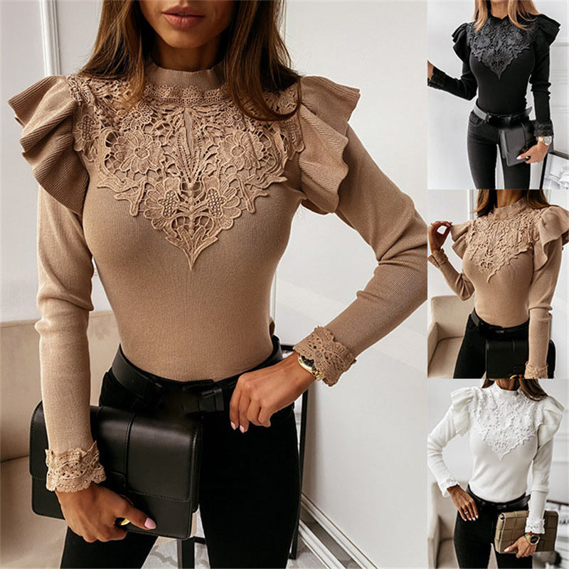 Elegant Style Women's Long-sleeved Round Neck Lace Decorative Solid Color Shirt