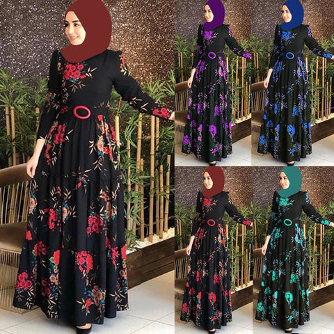 Muslim Printed Swing Waist Lace-up Exquisite Buckle High Dress